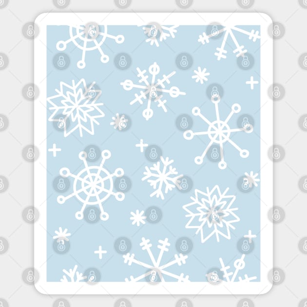 White Doodle Snowflake Pattern on a Light Blue Background, made by EndlessEmporium Magnet by EndlessEmporium